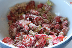 sugared sliced strawberries and rhubarb  