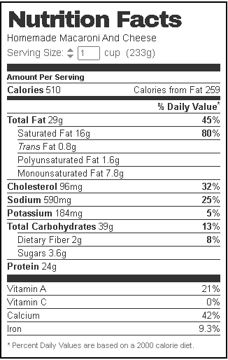 mac and cheese nutrition facts